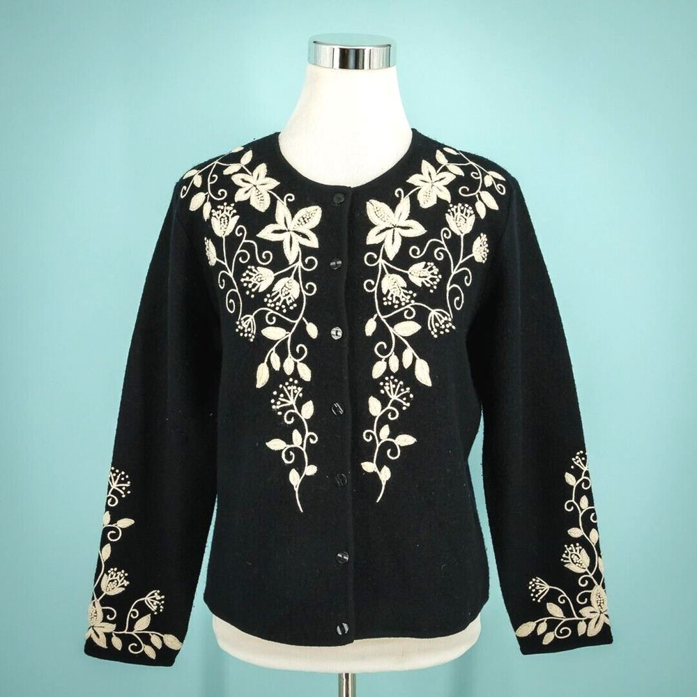 Talbots Size Small S Black Floral Print Embroidered Felted Boiled Wool Jacket